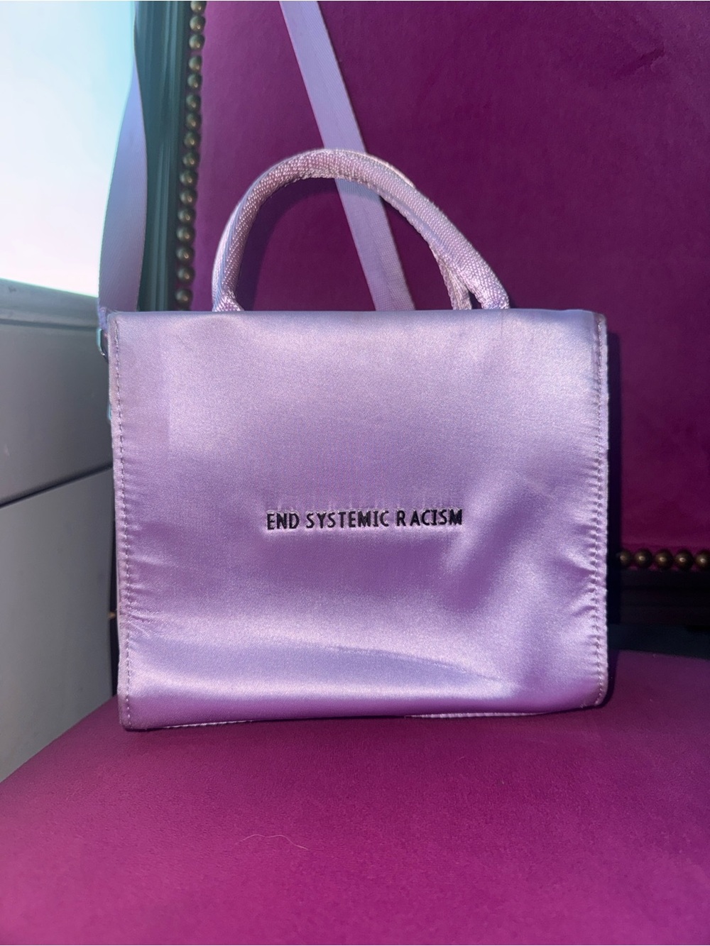 Brandon Blackwood Lavender Satin Top-Handle Bag  'End Systemic Racism'